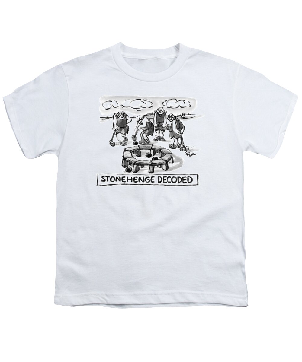 Croquet Youth T-Shirt featuring the drawing Giant Cavemen Play Croquet Using The Stonehenge by Lee Lorenz