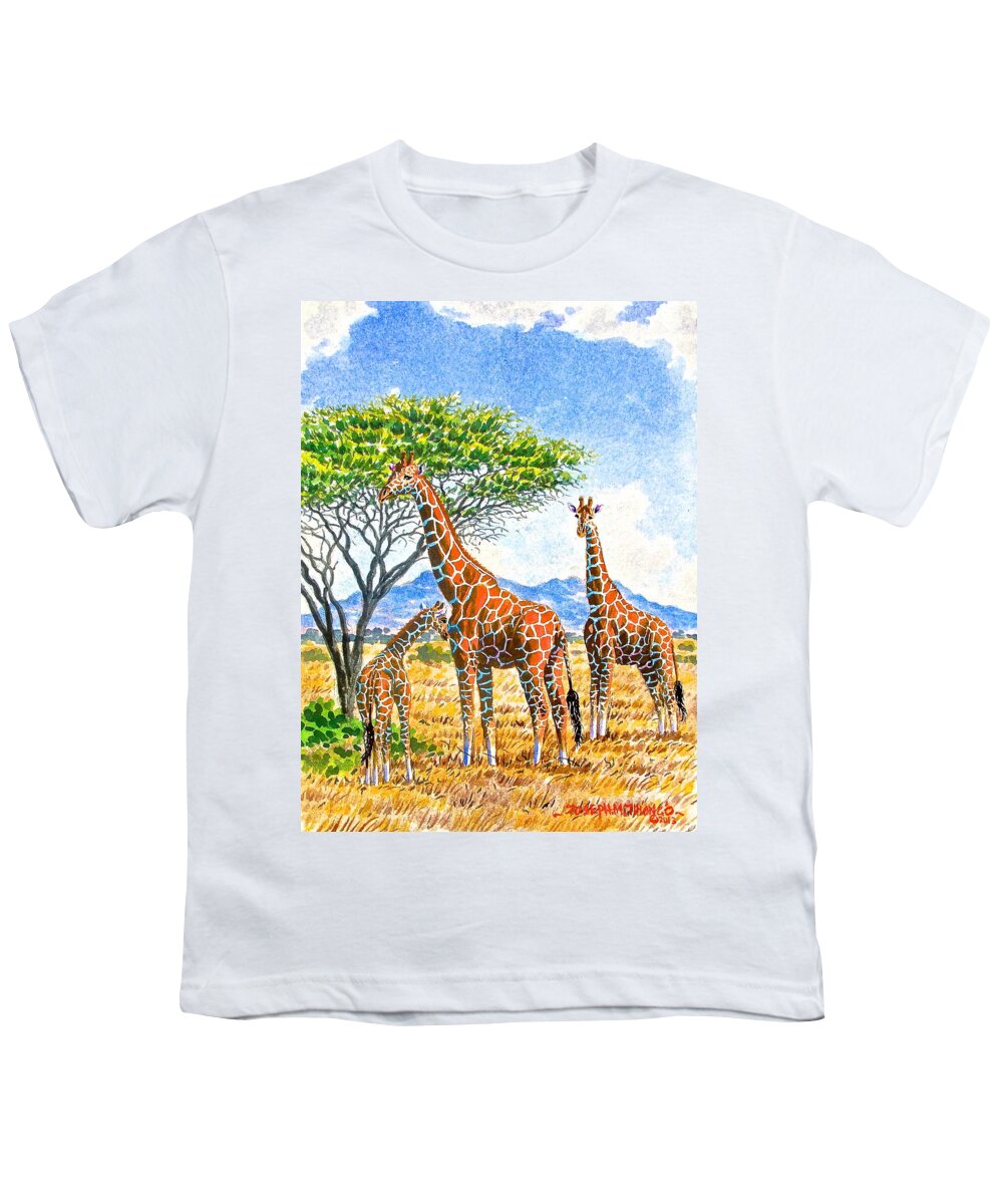 African Paintings Youth T-Shirt featuring the painting Giraffes with Baby by Joseph Thiongo