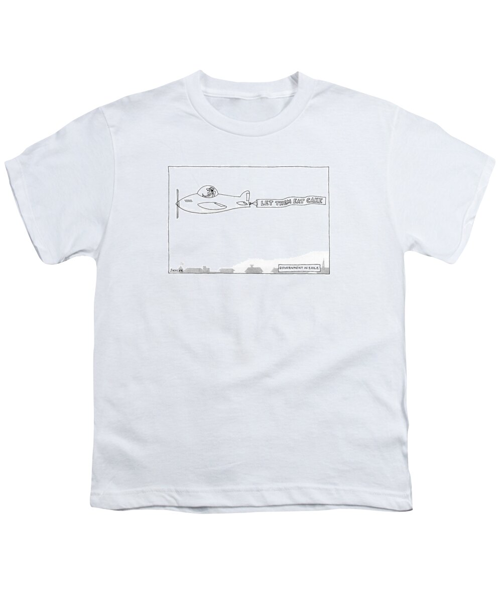 
Government In Exile: Title. A King Flies Over A Town In An Airplane Youth T-Shirt featuring the drawing Government In Exile by Jack Ziegler