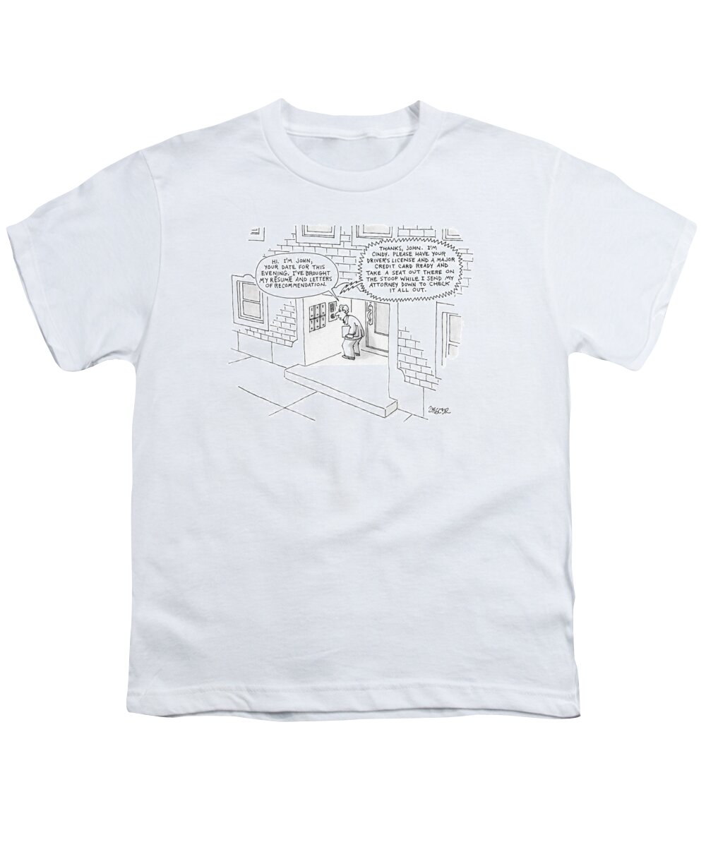 Apartment Building Youth T-Shirt featuring the drawing 'hi. I'm John by Jack Ziegler