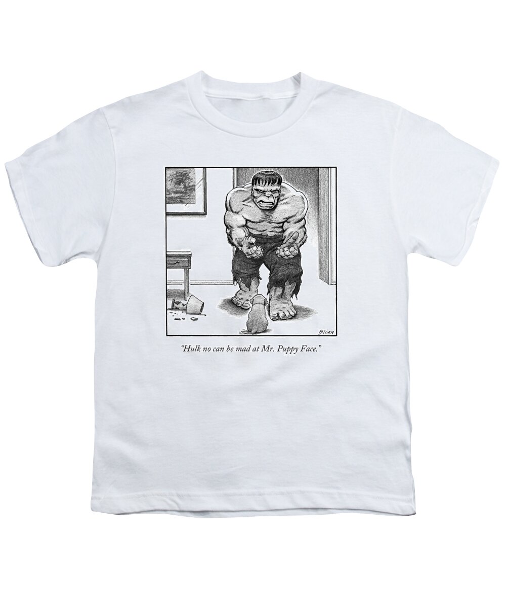 Hulk Youth T-Shirt featuring the drawing Hulk No Can Be Mad At Mr. Puppy Face by Harry Bliss