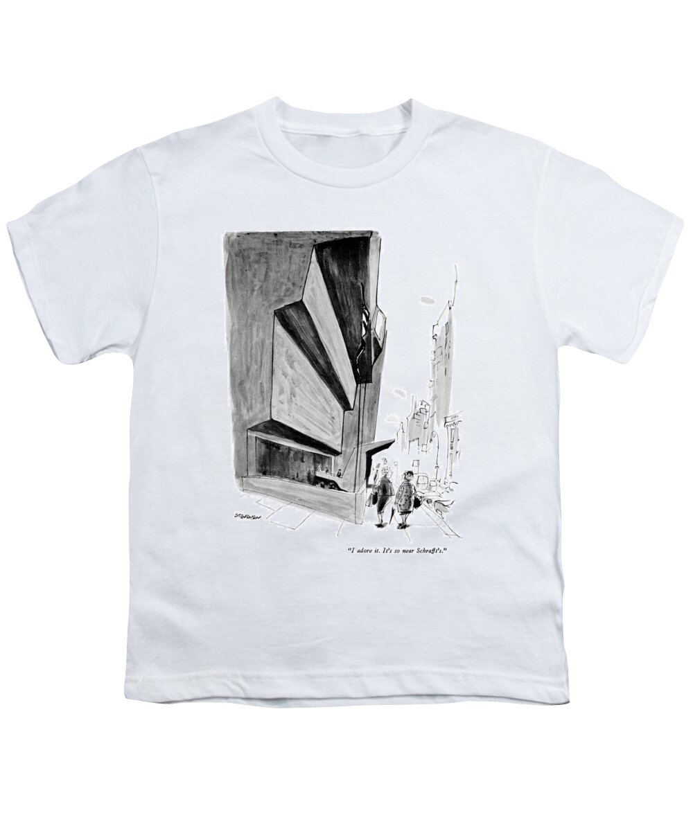 'i Adore It. It's So Near Schrafft's. Two Women Pass New Whitney Museum. 
Art Youth T-Shirt featuring the drawing I Adore It. It's So Near Schrafft's by James Stevenson