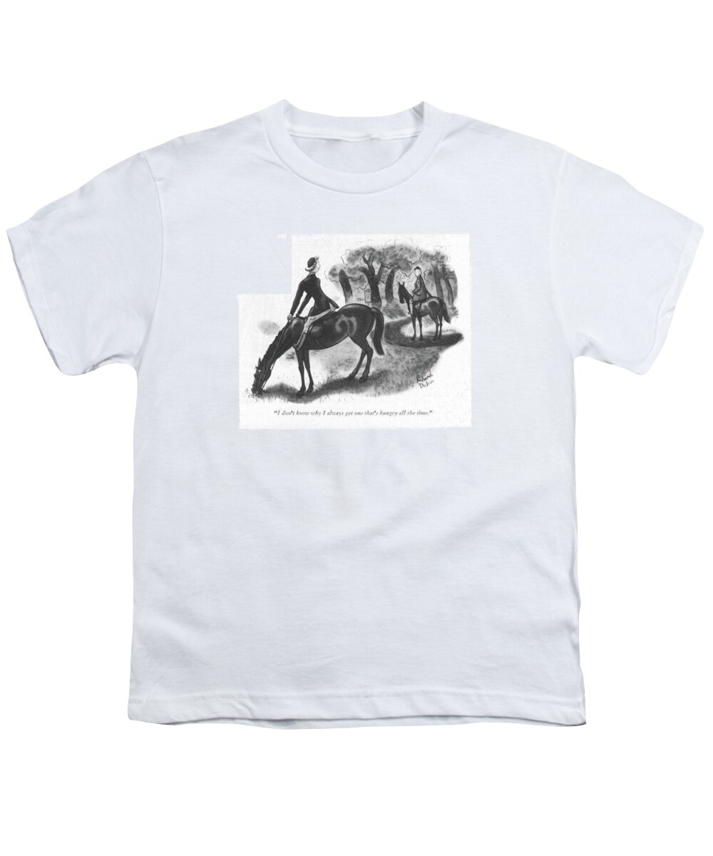113411 Rde Richard Decker 
 Woman On Horse In Central Park As The Horse Stops To Graze. Animal Animals Central Eat Eating Eats Equestrian Feed Food Foods Grass Graze Grazing Horse Horseback Horses Jockey Jockeys Park Ride Riders Riding Saddle Saddles Stops Woman Youth T-Shirt featuring the drawing I Don't Know Why I Always Get One That's Hungry by Richard Decker