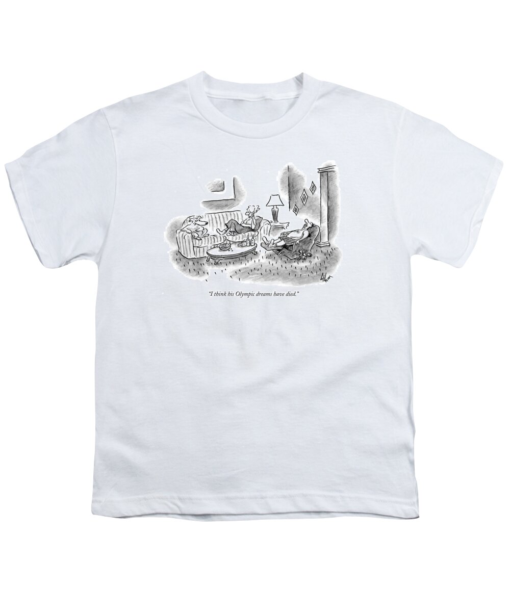 Sports Problems Olympics Incompetents

(woman Talking On Phone About Her Husband Asleep In A Recliner.) 119038 Fco Frank Cotham Sumnerperm Youth T-Shirt featuring the drawing I Think His Olympic Dreams Have Died by Frank Cotham