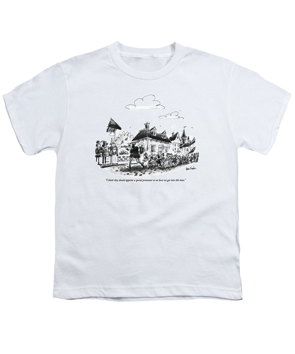 

 Man Says To Woman As They Watch The Pied Piper Lead Children Out Of The Town. 
Literary Characters Youth T-Shirt featuring the drawing I Think They Should Appoint A Special Prosecutor by Dana Fradon