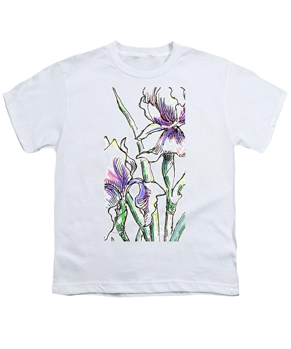 Fuchsia Youth T-Shirt featuring the drawing iPhone-Case-Flowers-Iris2 by Gordon Punt