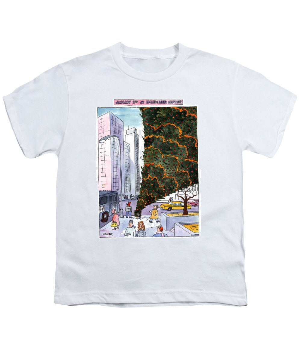 January 3rd At Rockefeller Center
Title: January 3rd At Rockefeller Center. Full-page Color Cartoon Showing The Giant Christmas Tree At Rockefeller Center Turned Upside Down In A Trash Can. Holidays Youth T-Shirt featuring the drawing January 3rd At Rockefeller Center by Jack Ziegler
