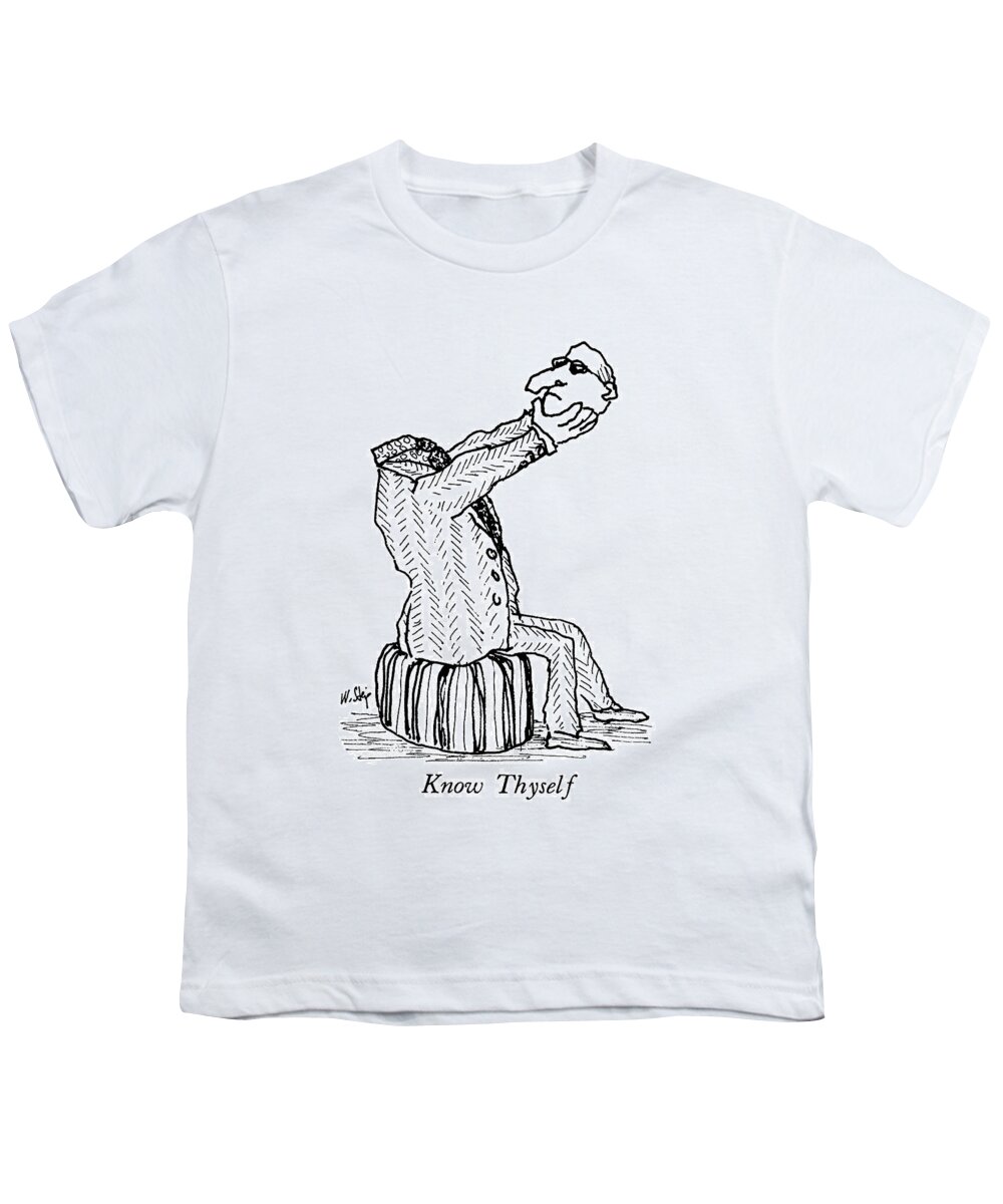 Know Thyself

Know Thyself: Caption. A Man Holds His Own Severed Head In His Hands. 
Self Youth T-Shirt featuring the drawing Know Thyself by William Steig