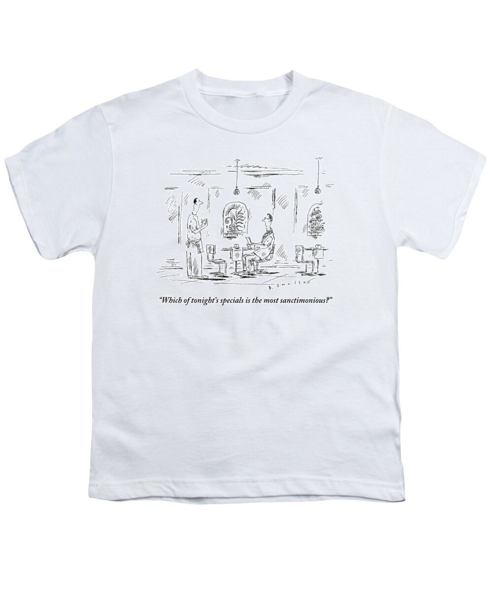 Restaurant Youth T-Shirt featuring the drawing Man Speaks To A Waiter At A Restaurant by Barbara Smaller