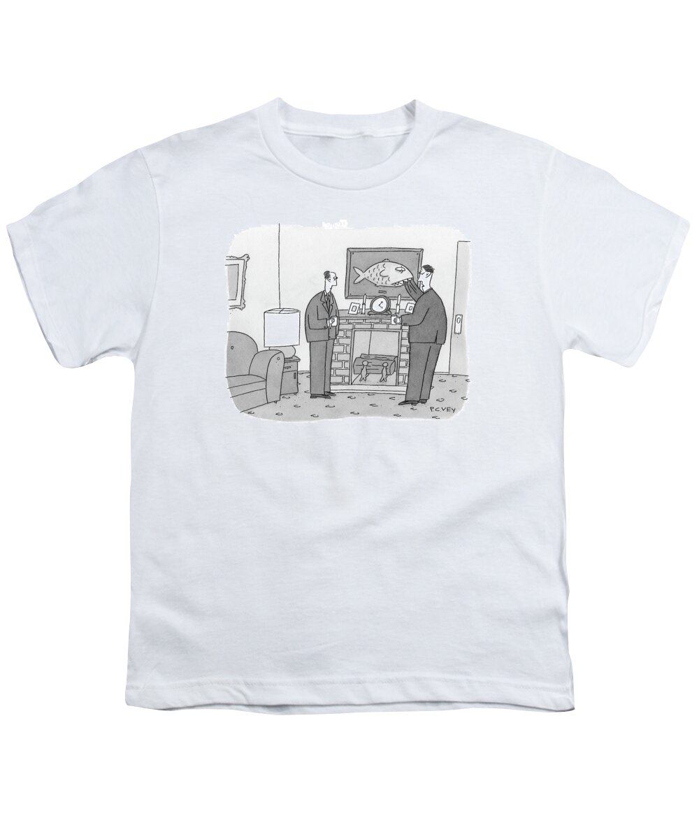 Sports Youth T-Shirt featuring the drawing Man With Arm Stuck In Mouth Of Fish Mounted by Peter C. Vey