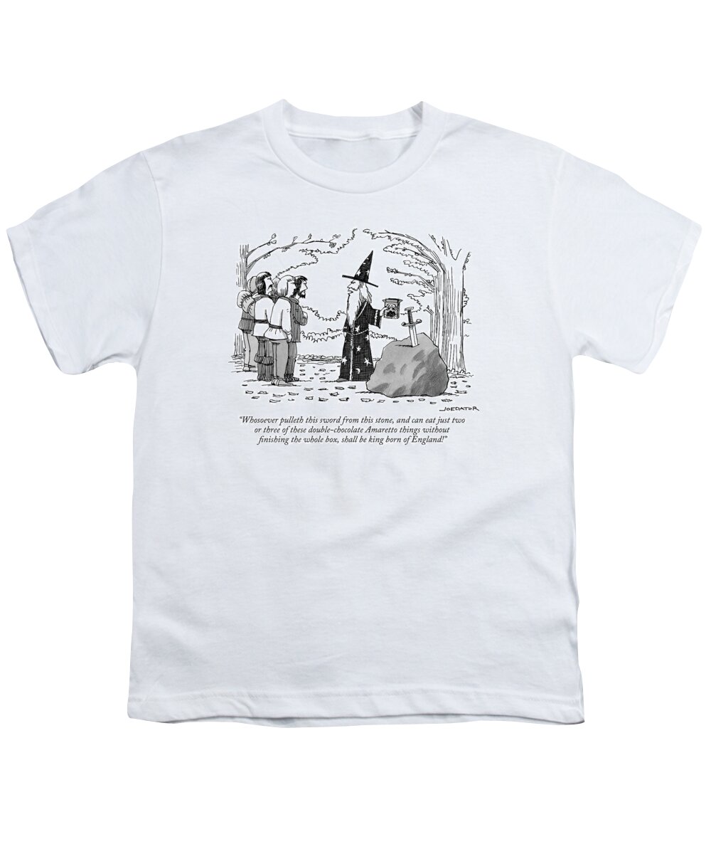 Whosoever Pulleth This Sword From This Stone Youth T-Shirt featuring the drawing Merlin Addresses A Crowd In Front Of The Sword by Joe Dator