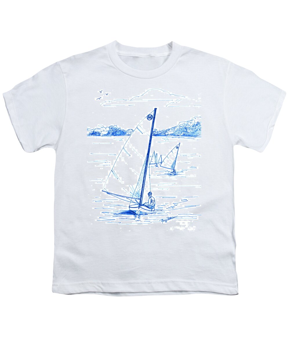 Mint Design Classic Moth Class Sailboat Youth T-Shirt featuring the drawing Mint Classic Moth in Blue by Nancy Patterson