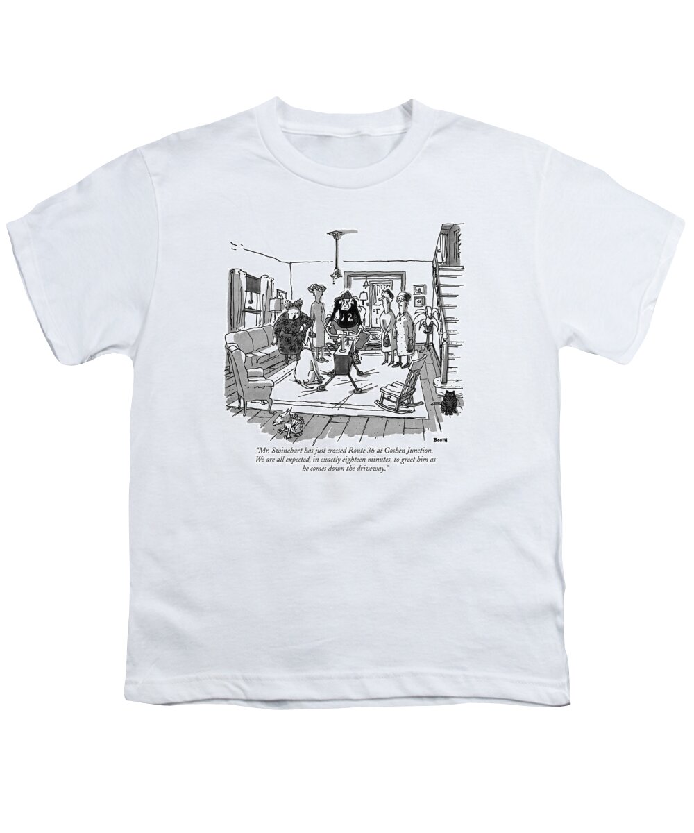 
(four Old Women Watching Man On Exercise Machine.) Fitness Youth T-Shirt featuring the drawing Mr. Swinehart Has Just Crossed Route 36 At Goshen by George Booth