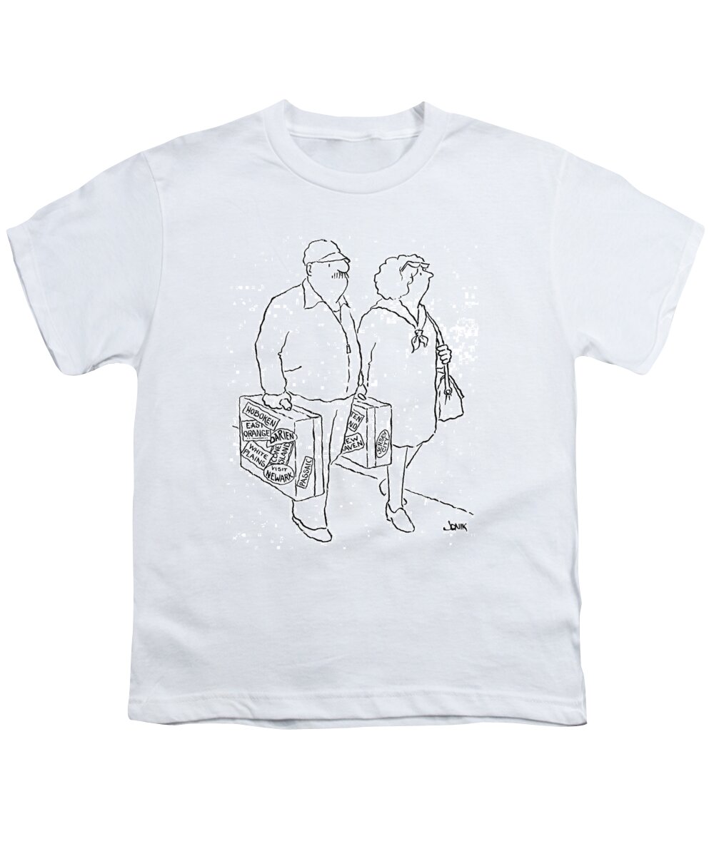 77060 Jjo John Jonik (man And Woman Carry Suitcases With Stickers On Them From Jersey City Youth T-Shirt featuring the drawing New Yorker April 12th, 1976 by John Jonik