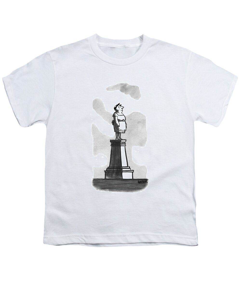 83811 Robert Weber. (mother In Apron Stands On A Pedestal.) Apron Award Day Mom Mother Mother's Mothers Pedestal Ridiculous Sculpture Silly Stands Statue Trophy Wife Woman Youth T-Shirt featuring the drawing New Yorker April 22nd, 1967 by Robert Weber