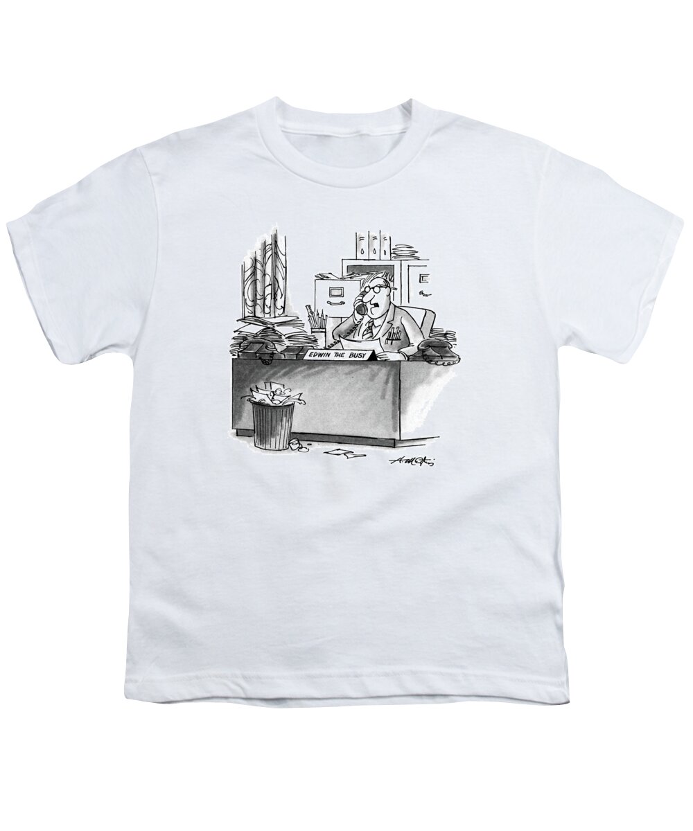 No Caption
A Business Man Talking On The Phone. Papers Are Piled High Youth T-Shirt featuring the drawing New Yorker August 10th, 1987 by Henry Martin
