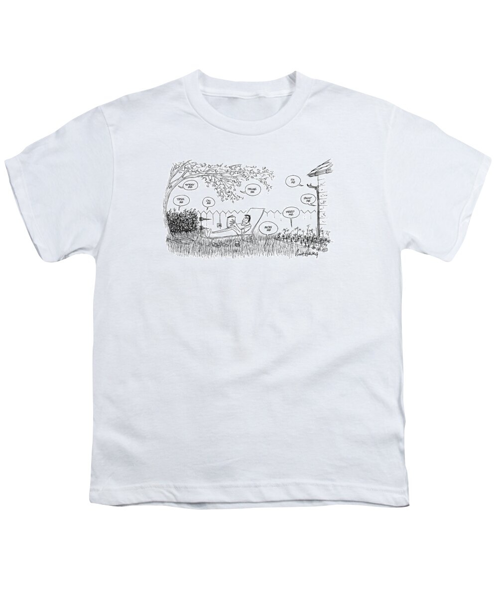 Man Lounging In Back Yard Hears His Tree Youth T-Shirt featuring the drawing New Yorker August 12th, 1974 by Mort Gerberg