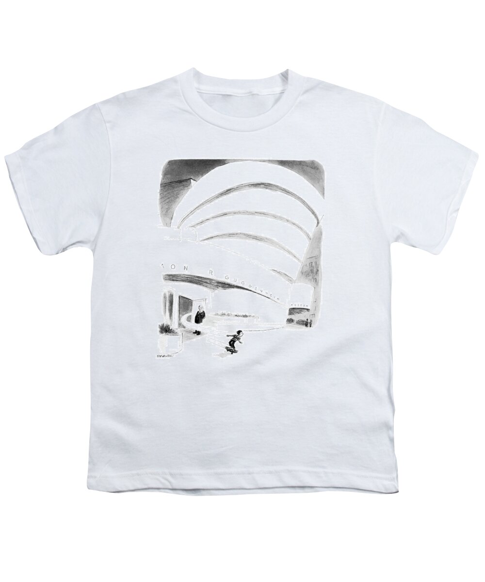 (boy Rides Out Of Guggenheim Museum On A Skateboard.) Architecture Youth T-Shirt featuring the drawing New Yorker August 16th, 1976 by James Stevenson