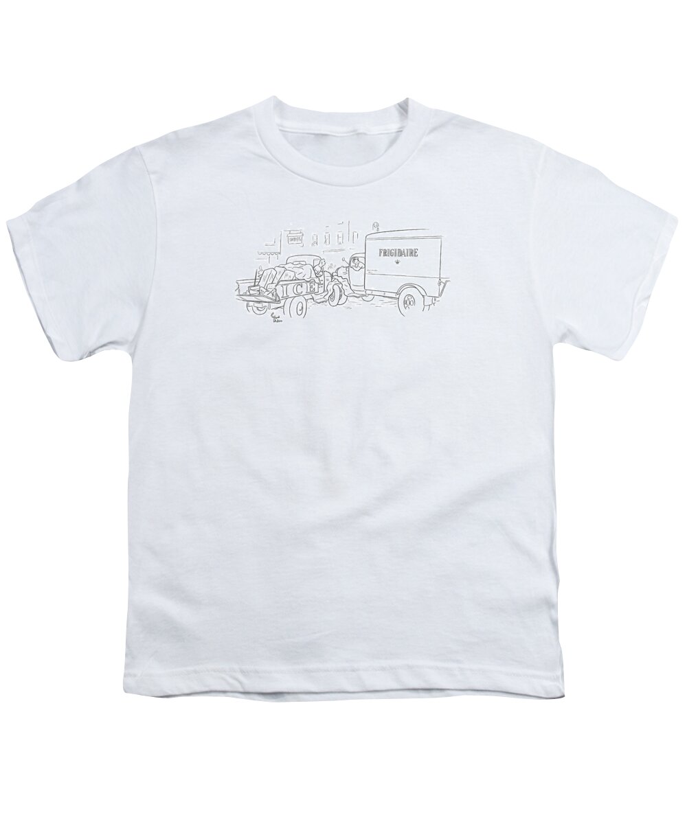 111355 Rde Richard Decker Frigidaire And Ice Truck Collide. Accident Automobiles Autos Bricks Car Cars Coincidence Collide Collided Collision Crash Crashed Drive Driving Fate Frigidaire Ice Ironic Irony Meant Refrigerator Smash Smashed Truck Youth T-Shirt featuring the drawing New Yorker August 23rd, 1941 by Richard Decker