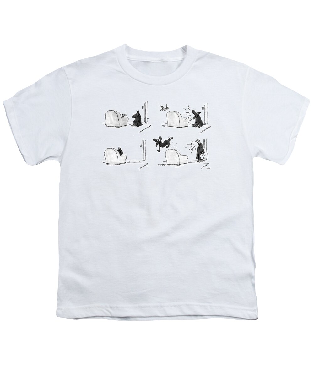 (four Panel Sequence In Which A Cat Sleeping In An Easy Chair Is Frightened Away By A Barking Dog Youth T-Shirt featuring the drawing New Yorker February 22nd, 1993 by George Booth