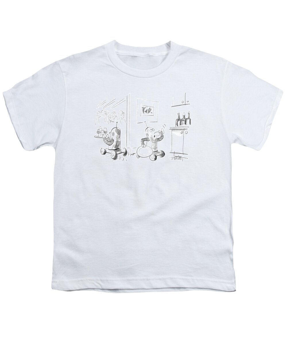 (two Robots Serving Drinks At A Party Youth T-Shirt featuring the drawing New Yorker January 27th, 1986 by Donald Reilly