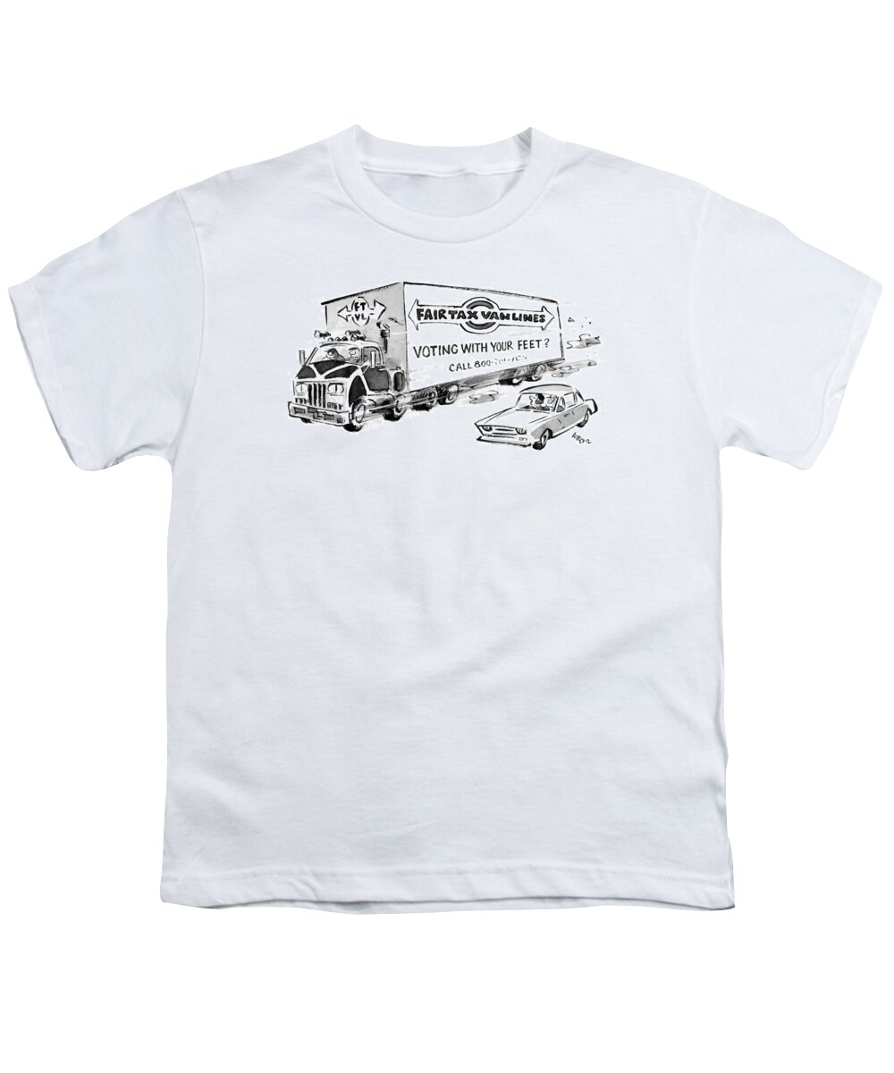 No Caption
Passenger Car Drives Past Moving Van On A Highway. The Truck Says Refers To President's New Tax Plan. Government Youth T-Shirt featuring the drawing New Yorker July 22nd, 1985 by Lee Lorenz