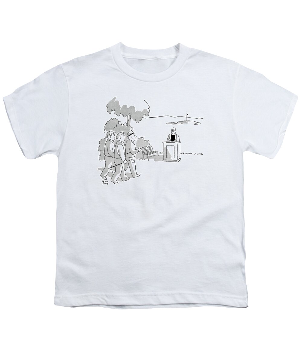 (golfers Approaching Hole Are Surprised To See A Minister With His Pulpit On The Tee.) Religon Youth T-Shirt featuring the drawing New Yorker June 6th, 1953 by Chon Day