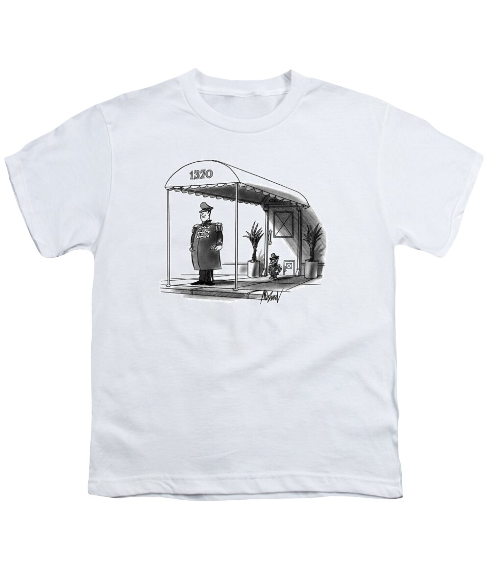 No Caption
A Doorman Stands Under The Awning For Apartment Building #1370 Youth T-Shirt featuring the drawing New Yorker November 27th, 1995 by Kenneth Mahood