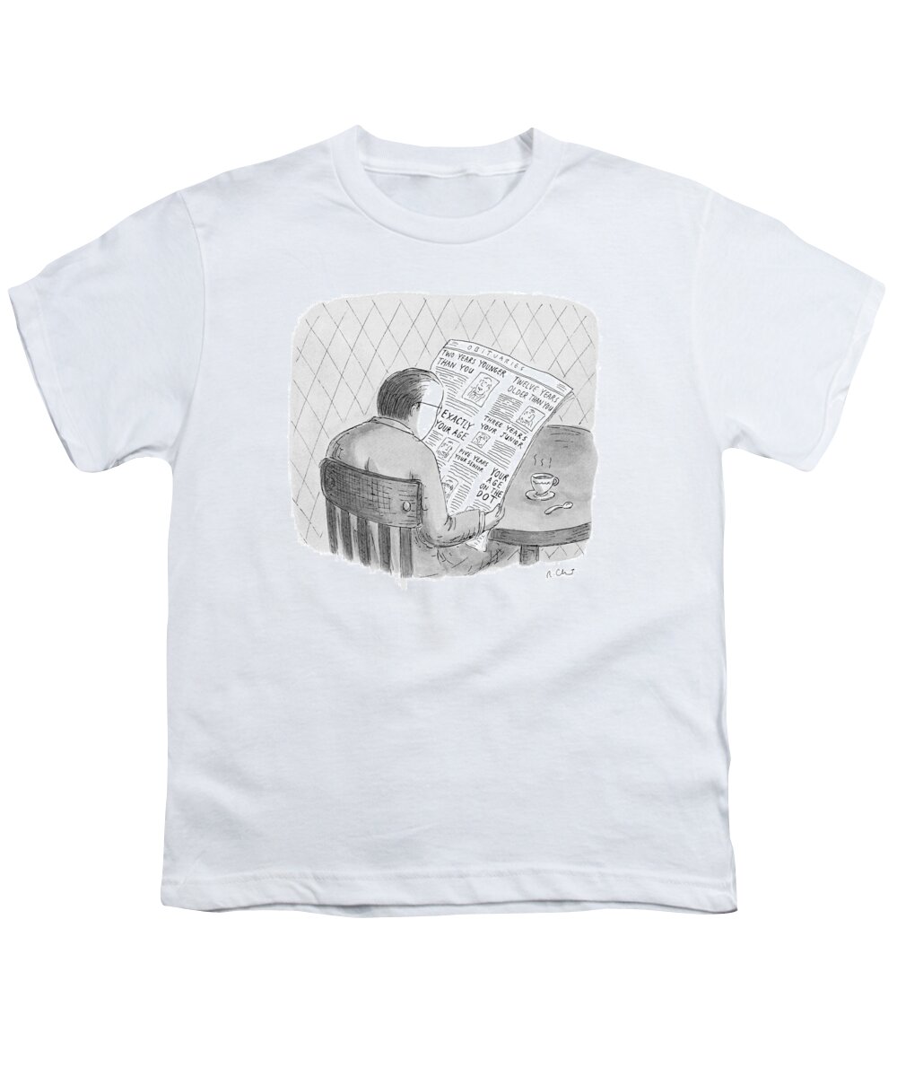(man Reads The Obituaries In Newspaper Youth T-Shirt featuring the drawing New Yorker October 25th, 1993 by Roz Chast