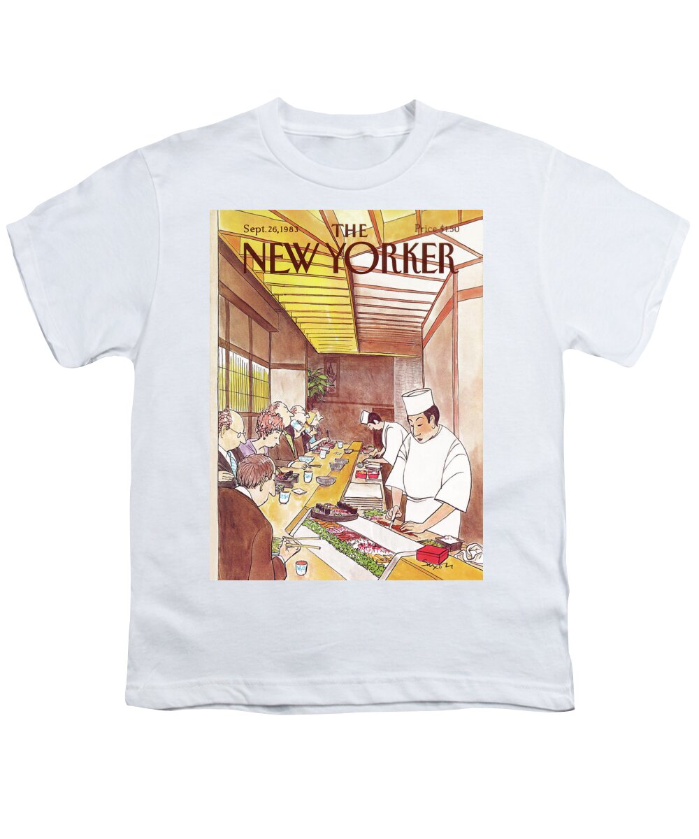 (japanese Chefs Prepare Dinners At Sushi Bar For Seated Customers.) Dining High Class Foreign Japan Sashimi Restaurants Charles Saxon Csa Artkey 46217 Youth T-Shirt featuring the painting New Yorker September 26th, 1983 by Charles Saxon