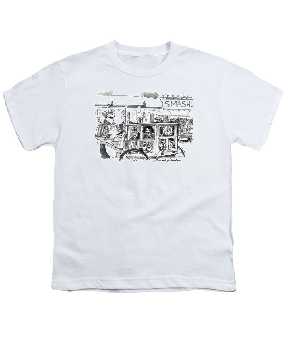 (city Street Hot Dog Vendor's Cart Is Plastered With Signed Pictures Of Celebrities)
Entertainment Youth T-Shirt featuring the drawing New Yorker September 27th, 1993 by Bernard Schoenbaum