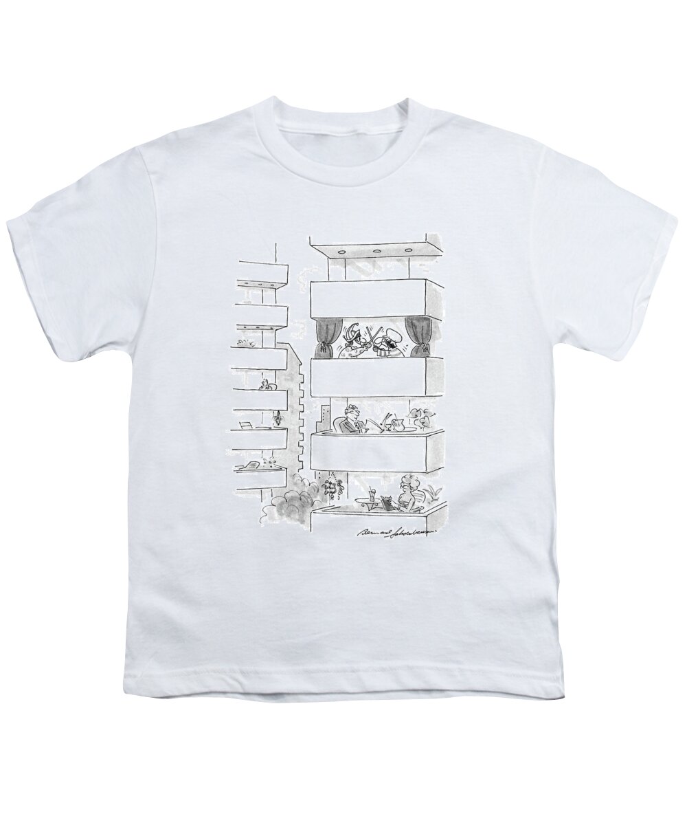 No Caption
An Apartment House With Balconies On All Floors - We Can See Three Of Them Clearly. On Two Youth T-Shirt featuring the drawing New Yorker September 5th, 1988 by Bernard Schoenbaum