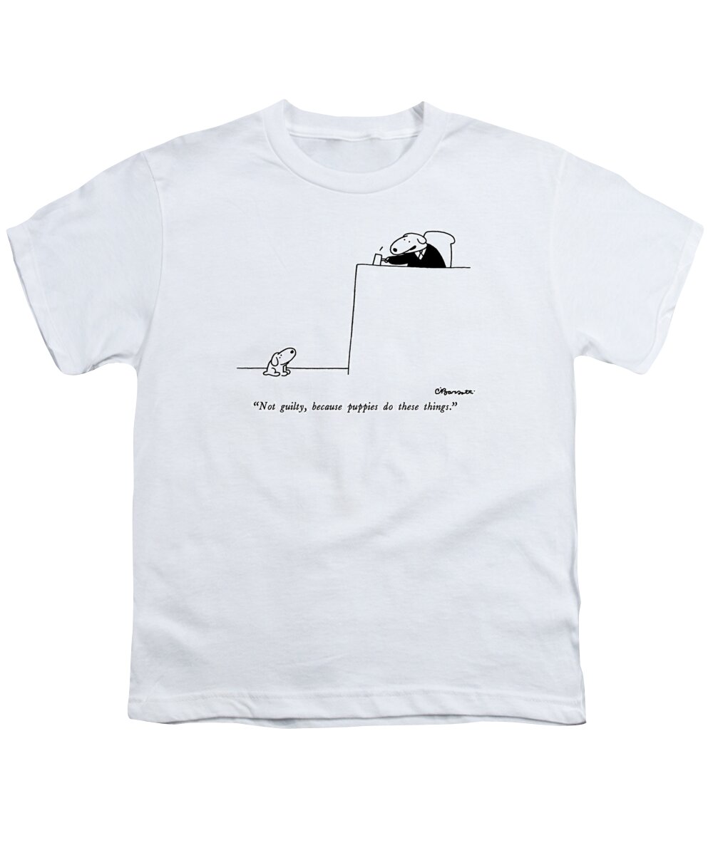 
not Guilty Youth T-Shirt featuring the drawing Not Guilty, Because Puppies Do These Things by Charles Barsotti