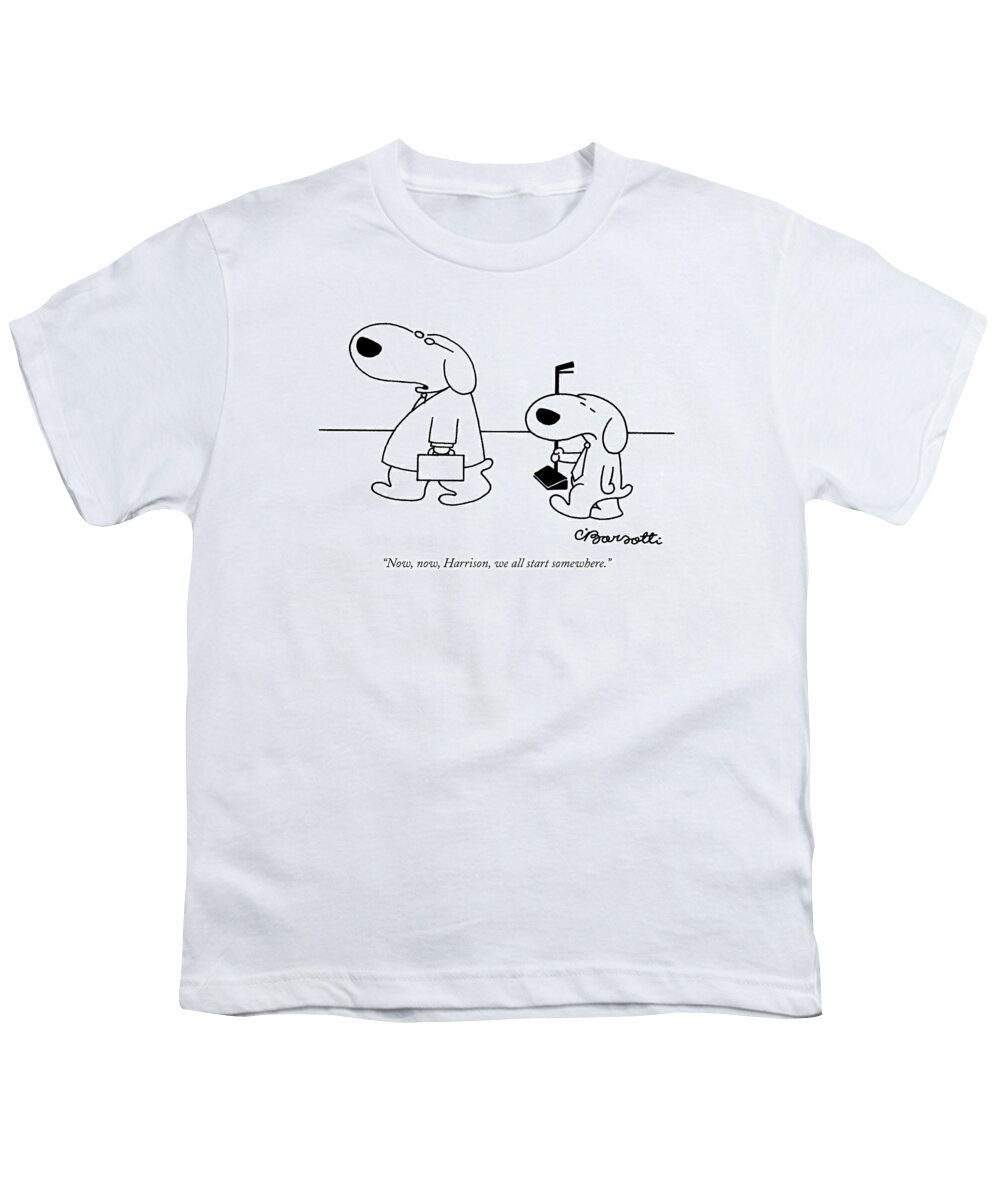Dogs-walking Youth T-Shirt featuring the drawing Now, Now, Harrison, We All Start Somewhere by Charles Barsotti