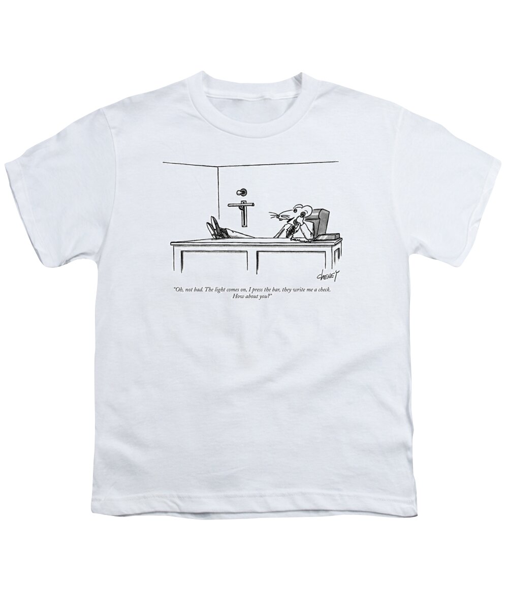 
(businessman Who Is A Large Rat Says Into The Phone. There Is A Light With A Lever On The Wall Behind Him)
Science Youth T-Shirt featuring the drawing Oh, Not Bad. The Light Comes On, I Press The Bar by Tom Cheney