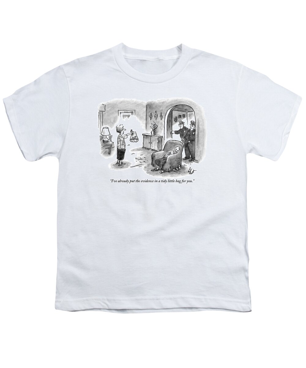 Evidence Youth T-Shirt featuring the drawing Old Woman Holds Ziploc Baggy With Gun Inside. Man by Frank Cotham