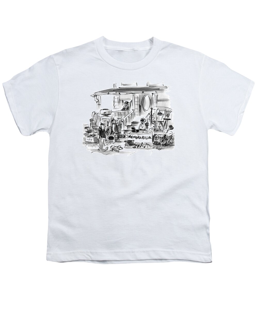 Memorabilia Youth T-Shirt featuring the drawing On A Front Lawn A Yard Sale Sign Reads by Lee Lorenz