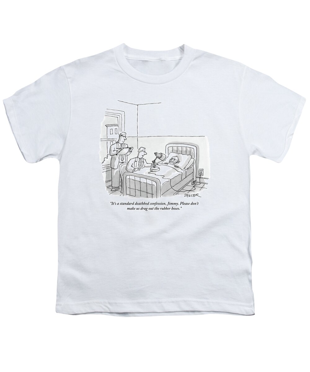 #condenastnewyorkercartoon Youth T-Shirt featuring the drawing One Man Takes Notes by Jack Ziegler