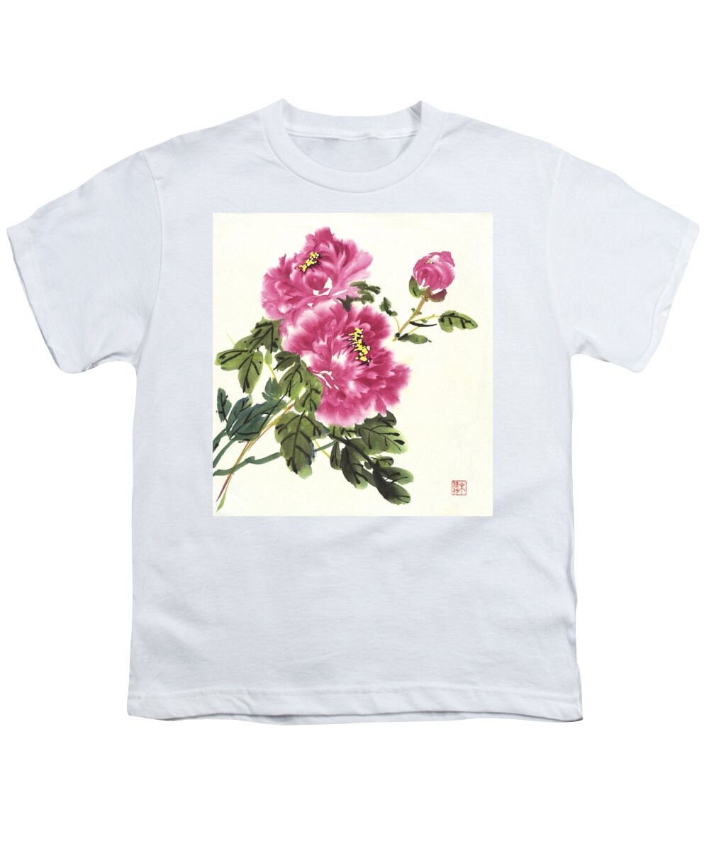 Flower Youth T-Shirt featuring the painting Pink Peonies by Yolanda Koh