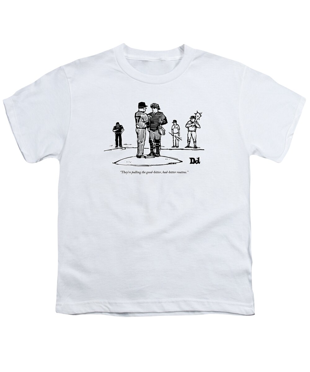 Baseball Youth T-Shirt featuring the drawing Pitcher And Catcher Stand On Pitcher's Mound by Drew Dernavich