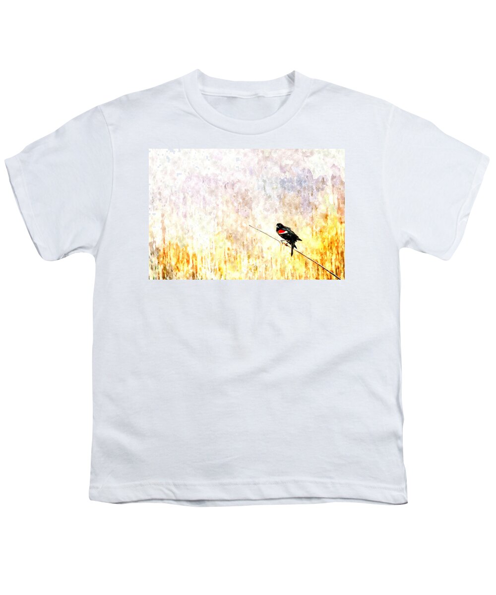 Red Youth T-Shirt featuring the painting Red Wing Blackbird 2 by Rick Mosher