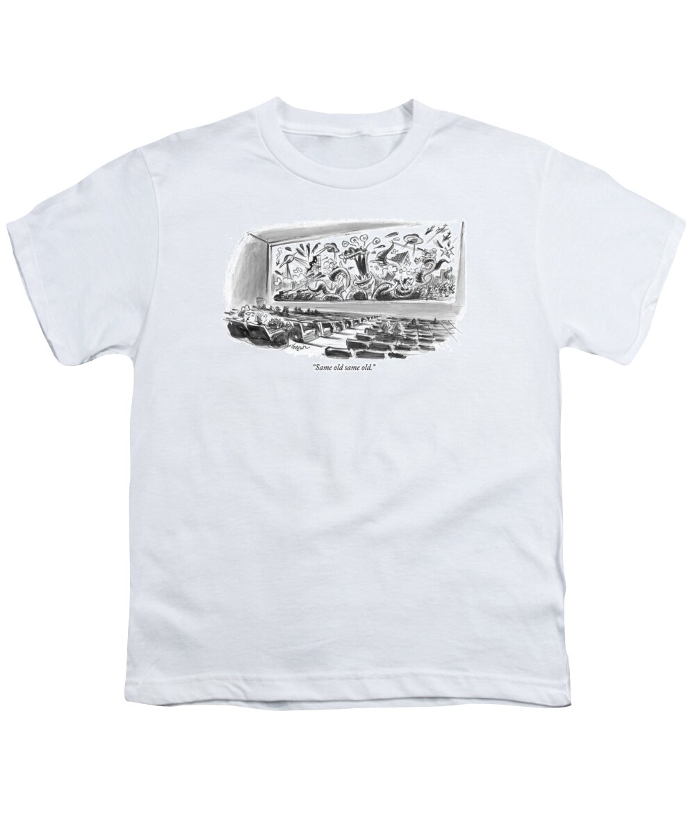 
(couple In Movie Theater Commenting About Sci-fi Movie On Screen.) Entertainment Youth T-Shirt featuring the drawing Same Old Same Old by Lee Lorenz