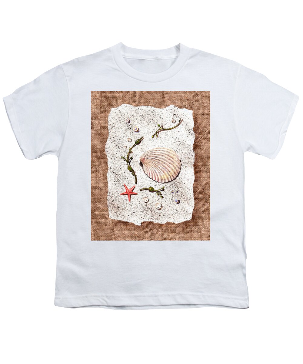 Seashell Youth T-Shirt featuring the painting Seashell With Pearls Sea Star And Seaweed by Irina Sztukowski