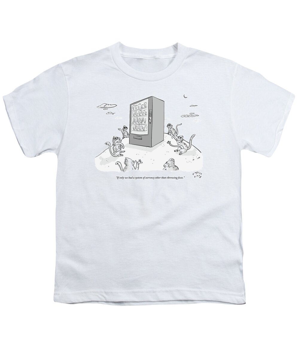 Monkeys Youth T-Shirt featuring the drawing Six Monkeys Surround A Vending Machine On Top by Farley Katz