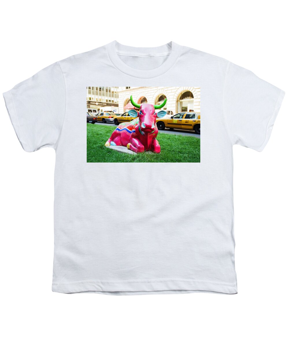 Sleepy Time Cow Youth T-Shirt featuring the photograph Cow Parade N Y C 2000 - Sleepy Time Cow by Allen Beatty