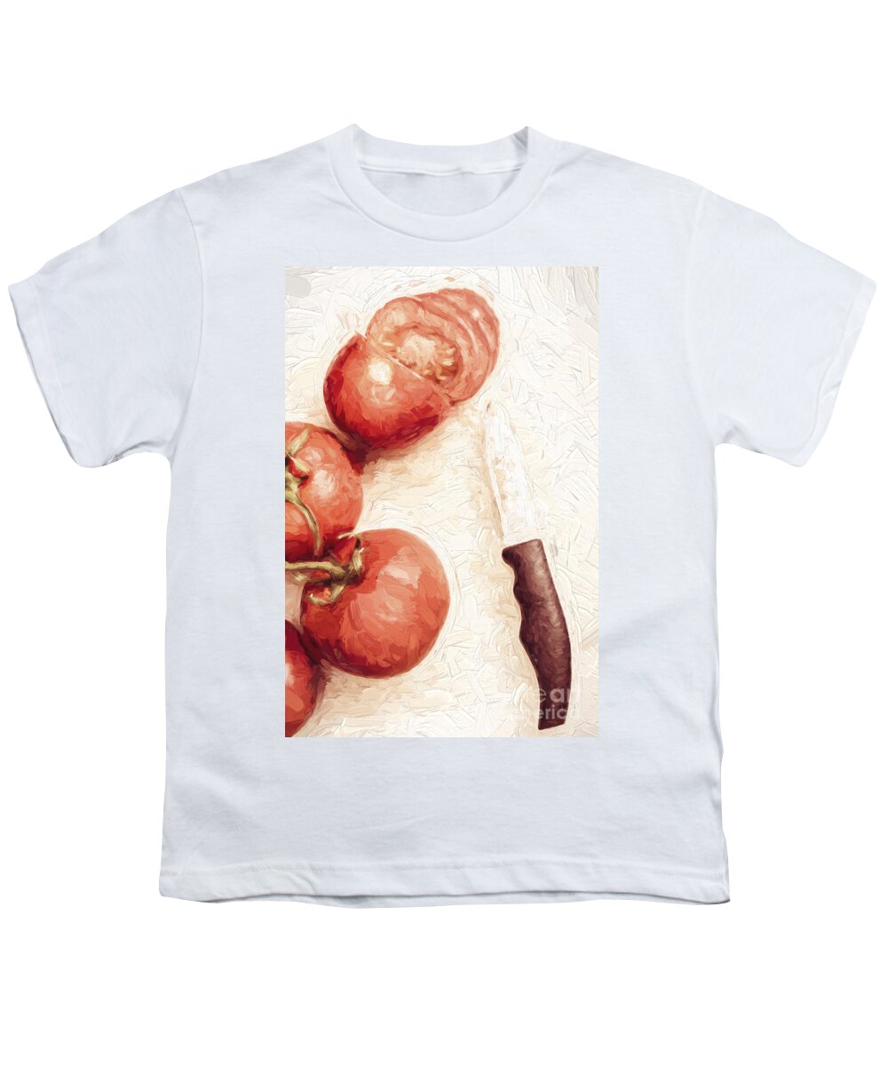 Knife Youth T-Shirt featuring the digital art Sliced tomatoes. Vintage cooking artwork by Jorgo Photography