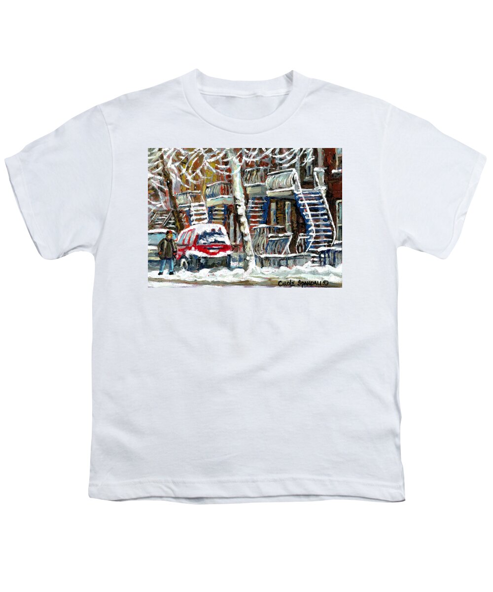 Montreal Youth T-Shirt featuring the painting Snowed In January Trees Red Car In Verdun Winter City Scene Montreal Art Carole Spandau by Carole Spandau