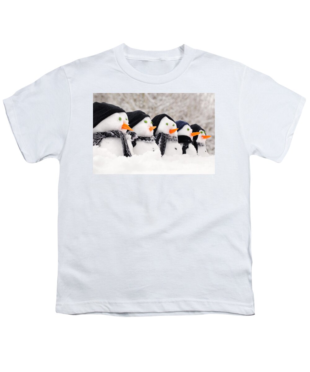 Snowmen Youth T-Shirt featuring the photograph Snowmen close up in a row by Simon Bratt