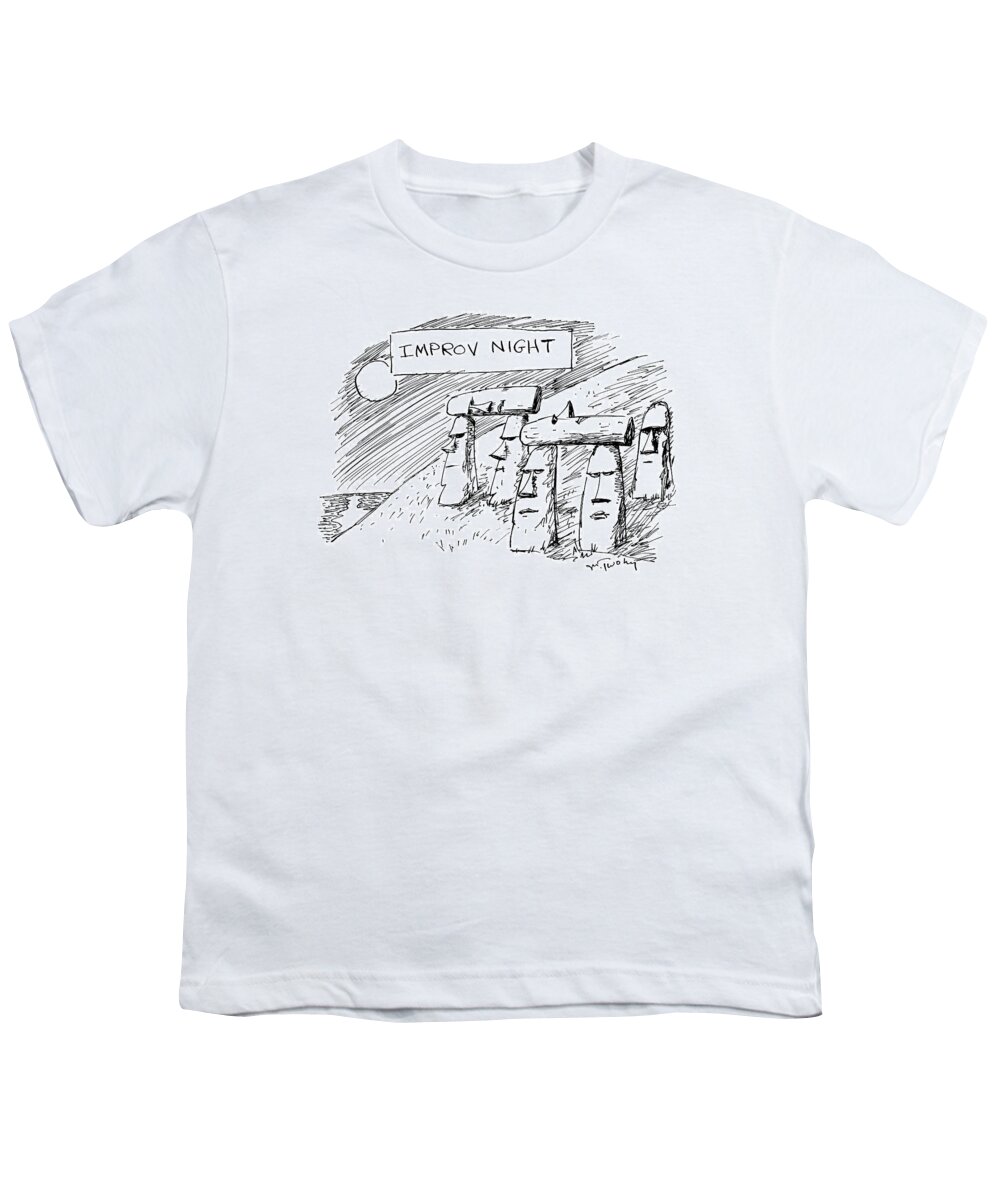 Title: Youth T-Shirt featuring the drawing Some Moai Statues On Easter Island Support Others by Mike Twohy