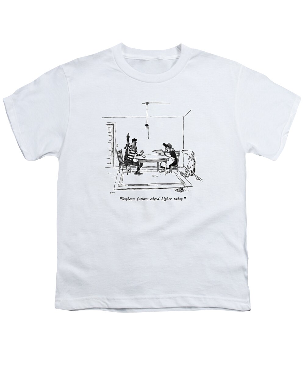 

(old Woman Reading Paper To Man Sitting At Table Stretching His Legs As Dog Leans Against Wall.) Stock Market Youth T-Shirt featuring the drawing Soybean Futures Edged Higher Today by George Booth